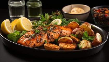 Grilled gourmet meat with fresh lemon and healthy vegetables generated by AI