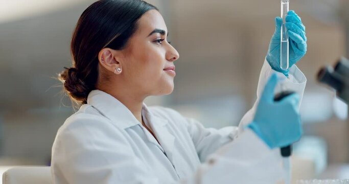 Science, laboratory and woman with pipette, test tube and biotech solution in research. Medical innovation, scientist or lab technician in study for healthcare, medicine and vaccine results feedback.