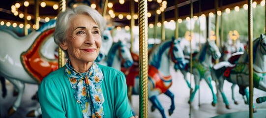 Senior woman on a carousel. Generative AI