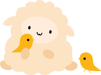 Lamb playing with bird illustration