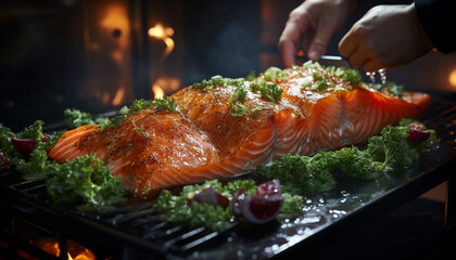 Grilled gourmet steak and fish, cooked with natural flame generated by AI