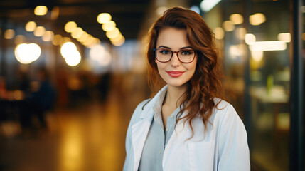 Woman or female doctor headshot photograph in a hospital, healthcare worker, woman nurse smiling, registered nurse, medical profession