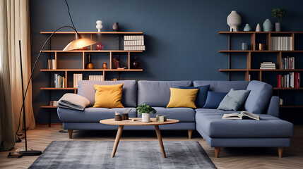 Two knitted poufs near dark blue corner sofa. Scandinavian home interior design of modern living room