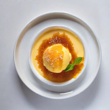 Postre con helado. Vista desde arriba. Cenital. fondo blanco. Fotograf&iacute;a de postre. Postre delicioso.