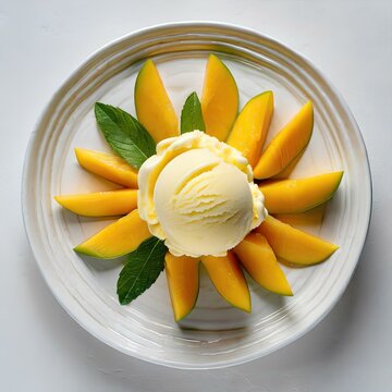 Postre con helado. Vista desde arriba. Cenital. fondo blanco. Fotograf&iacute;a de postre. Postre delicioso.