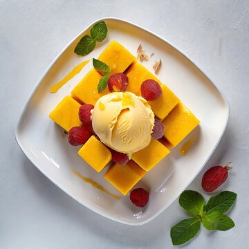 Postre con helado. Vista desde arriba. Cenital. fondo blanco. Fotograf&iacute;a de postre. Postre delicioso.