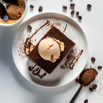 Postre con helado. Vista desde arriba. Cenital. fondo blanco. Fotograf&iacute;a de postre. Postre delicioso.