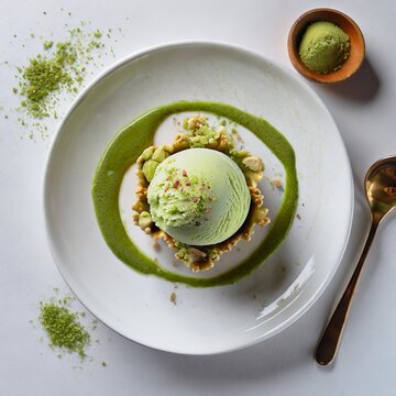 Postre con helado. Vista desde arriba. Cenital. fondo blanco. Fotograf&iacute;a de postre. Postre delicioso.