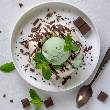 Postre con helado. Vista desde arriba. Cenital. fondo blanco. Fotograf&iacute;a de postre. Postre delicioso.