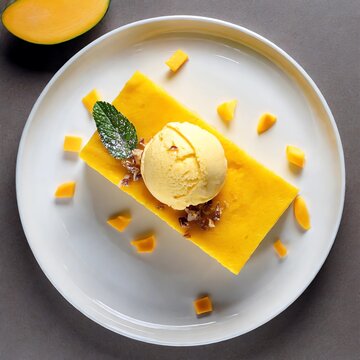 Postre con helado. Vista desde arriba. Cenital. fondo blanco. Fotograf&iacute;a de postre. Postre delicioso.