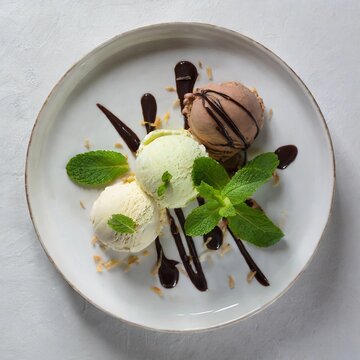 Postre con helado. Vista desde arriba. Cenital. fondo blanco. Fotograf&iacute;a de postre. Postre delicioso.