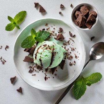 Postre con helado. Vista desde arriba. Cenital. fondo blanco. Fotograf&iacute;a de postre. Postre delicioso.