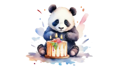 Tuinposter cute panda bear with a birthday cake in watercolor desgin isolated against transparent background © bmf-foto.de