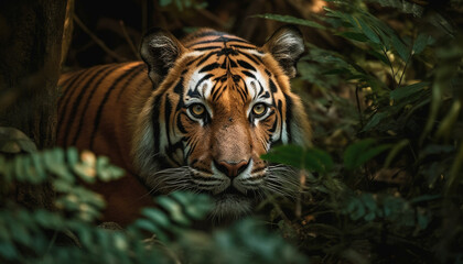 Bengal tiger staring, majestic and dangerous in the wilderness area generated by AI