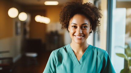 Woman or female nurse headshot photograph in a hospital, healthcare worker, woman nurse smiling, registered nurse