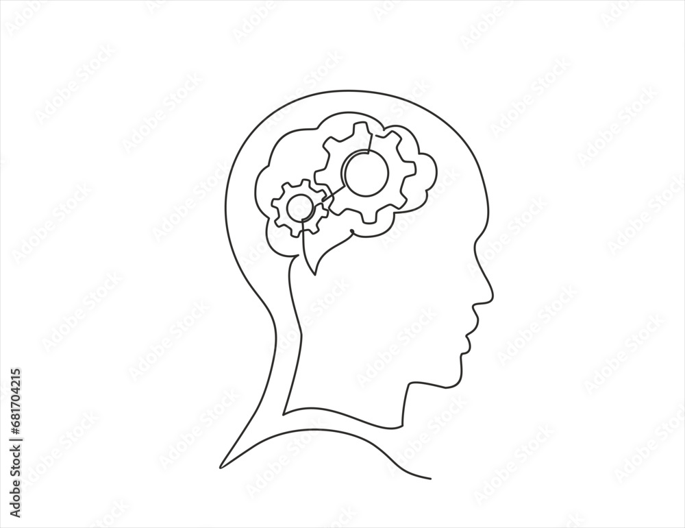 Poster human head with gears inside in continuous one line drawing. concept of creative brain process and t