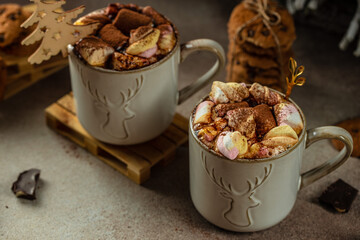 Christmas holiday creative layout with marshmallow hot chocolate with chocolate chip cookies, copy space for text. top view