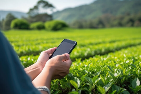 Tourists use mobile phone to take photos of a tea plantation. AI Generated