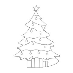 Continuous one line drawing of Christmas tree with star, gar. Hand drawn Christmas Vector illustration