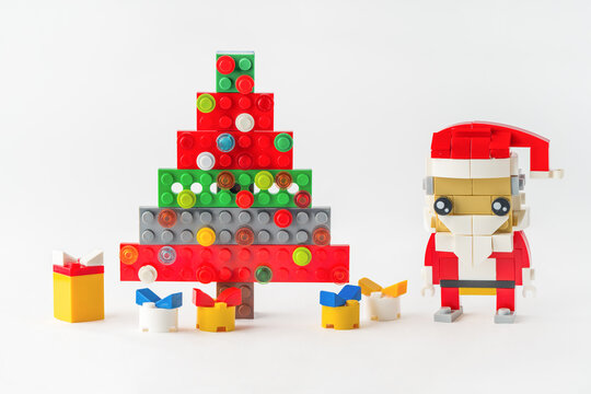 Holiday Joy in Toy Form: Santa, Gifts, and Christmas Tree from Blocks. Happy New Year and Merry Christmas. Lego blocks. Novosibirsk, Russia - October 27, 2023.