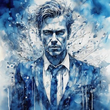 watercolor of businessman portrait, blue and white contemporary art, grunge, intense, stylized, detailed, high resolution