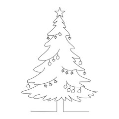 Continuous one line drawing of Christmas tree with star, gar. Hand drawn Christmas Vector illustration