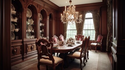 Fototapeta na wymiar Interior design inspiration of Traditional Classic style home dining room loveliness decorated with Wood and Marble material and China Cabinet .Generative AI home interior design .