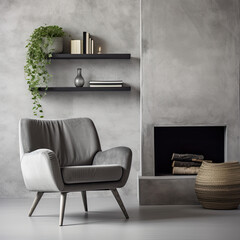 Grey chair by fireplace against concrete wall with shelves. Scandinavian home interior design of modern living room.