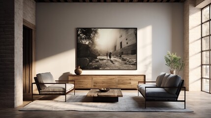 Capture an evocative photograph that showcases a minimalist home interior adorned with captivating artwork,