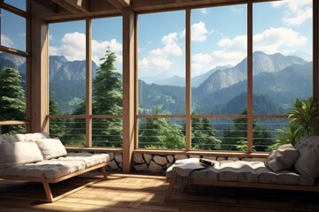 Fototapeta na wymiar Mountain house with mountain view from panoramic window, scenic overlook