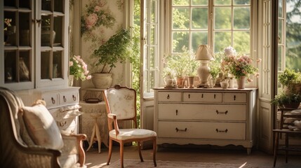 Capture a cozy home interior bathed in warm afternoon light to showcase the rustic charm of vintage furniture and delicate floral arrangements. 