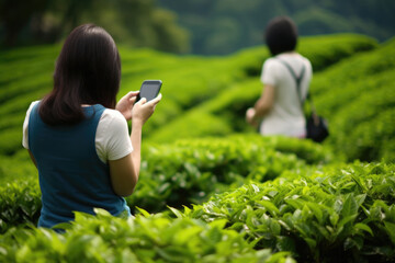 Tourists use mobile phone to take photos of a tea plantation. AI Generated - obrazy, fototapety, plakaty