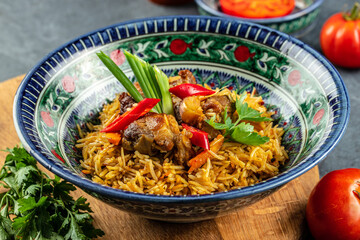 Delicious Asian pilaf from lamb. Restaurant menu, dieting, cookbook recipe