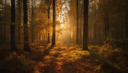 Sunlit forest path glows with autumn vibrant mystery and beauty generated by AI