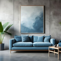 Blue sofa against concrete wall