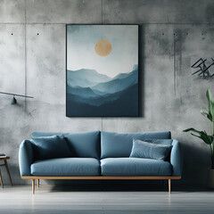Blue sofa against concrete wall