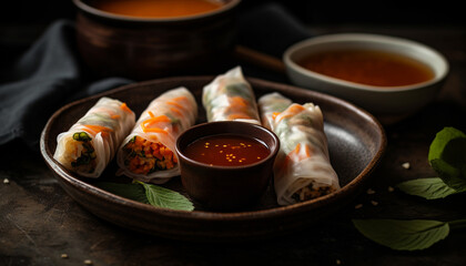 Fresh spring rolls with savory meat and vegetable filling, homemade sauce generated by AI