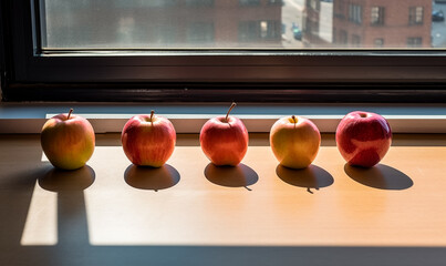 Ripe apples on the windowsill, illuminated by bright daylight, cast sharp shadows.
