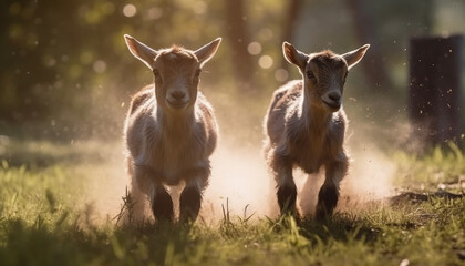 Cute young goat grazing on green meadow in summer sunset generated by AI