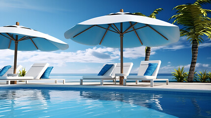 pool in the resort. Summer Vacation, beach, vacation, sunshine, sky, sea, blue, HD wallpaper . Umbrella beach chair.AI Generative 