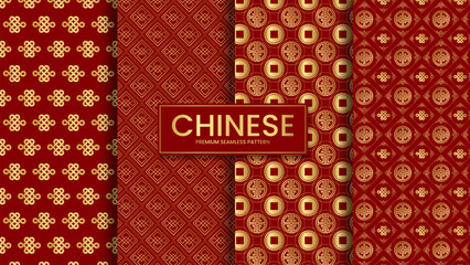 Chinese traditional seamless pattern. Premium red and gold chinese pattern set