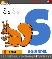 letter S worksheet with cartoon squirrel animal character