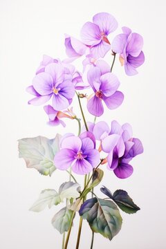 The ethereal essence of African Violet blooms in watercolor, casting a mesmerizing spell on the pristine white canvas.