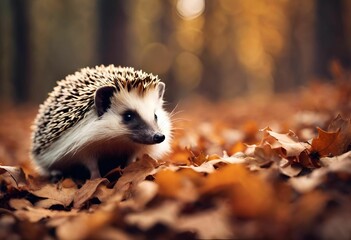 AI generated illustration of a small hedgehog walking along a path of dried leaves