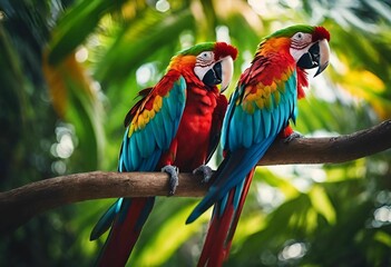 AI generated illustration of two brightly-colored parrots perched on a tree branch