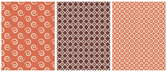 Abstract Hand Drawn Geometric Vector Patterns. Light Beige Swirls, Circles and Rhombuses Isolated on a Poppy Red and Dark Wine Red Background. Irregular Abstract Doodles Repeatable Print. RGB.