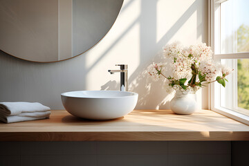 Fototapeta na wymiar Modern bathroom with a white sink on a wooden countertop and a large window showcasing a lush floral arrangement
