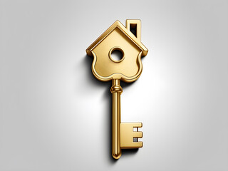 housewarming concept, golden key in the shape of a house top view, flatlay