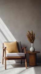 Wooden chair with elegant table standing against grey concrete wall.  Stylish, minimalist interior design. Moody shades
