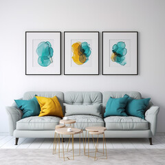 Teal couch, white walls, triple frames, Scandinavian aesthetic